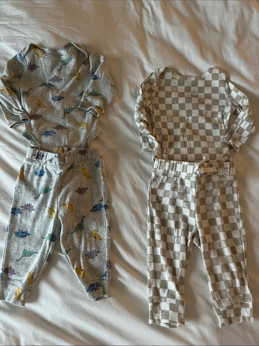 Neutral Check 9M & Dinosaur Kids 6M Pajama Set - Beige/Grey 2 sets